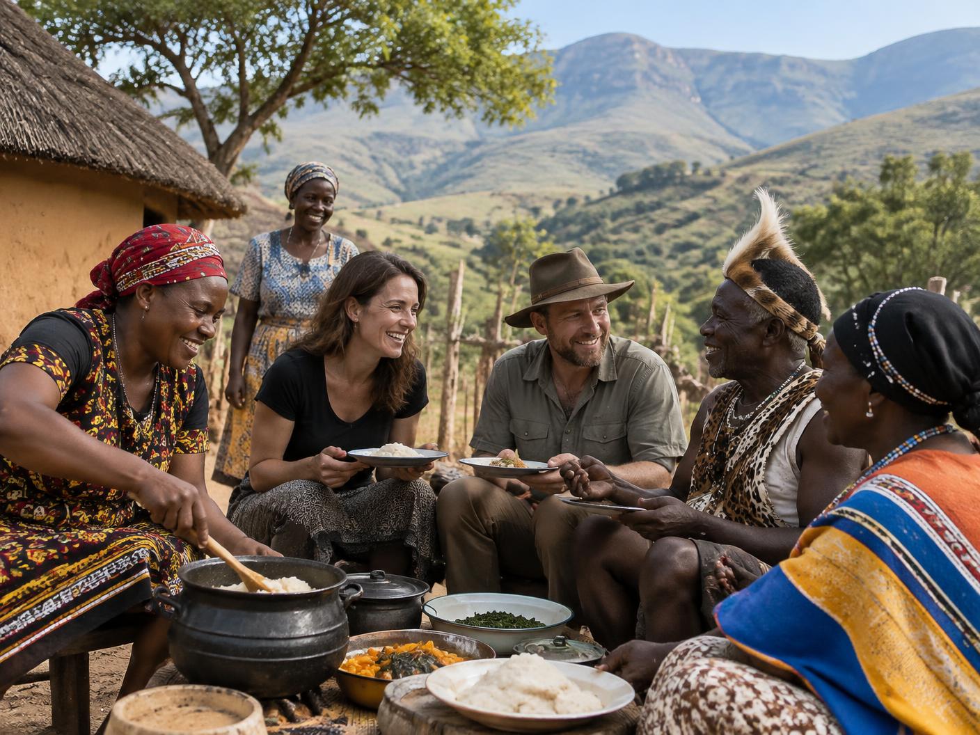Travellers sharing food and conversation with a local community