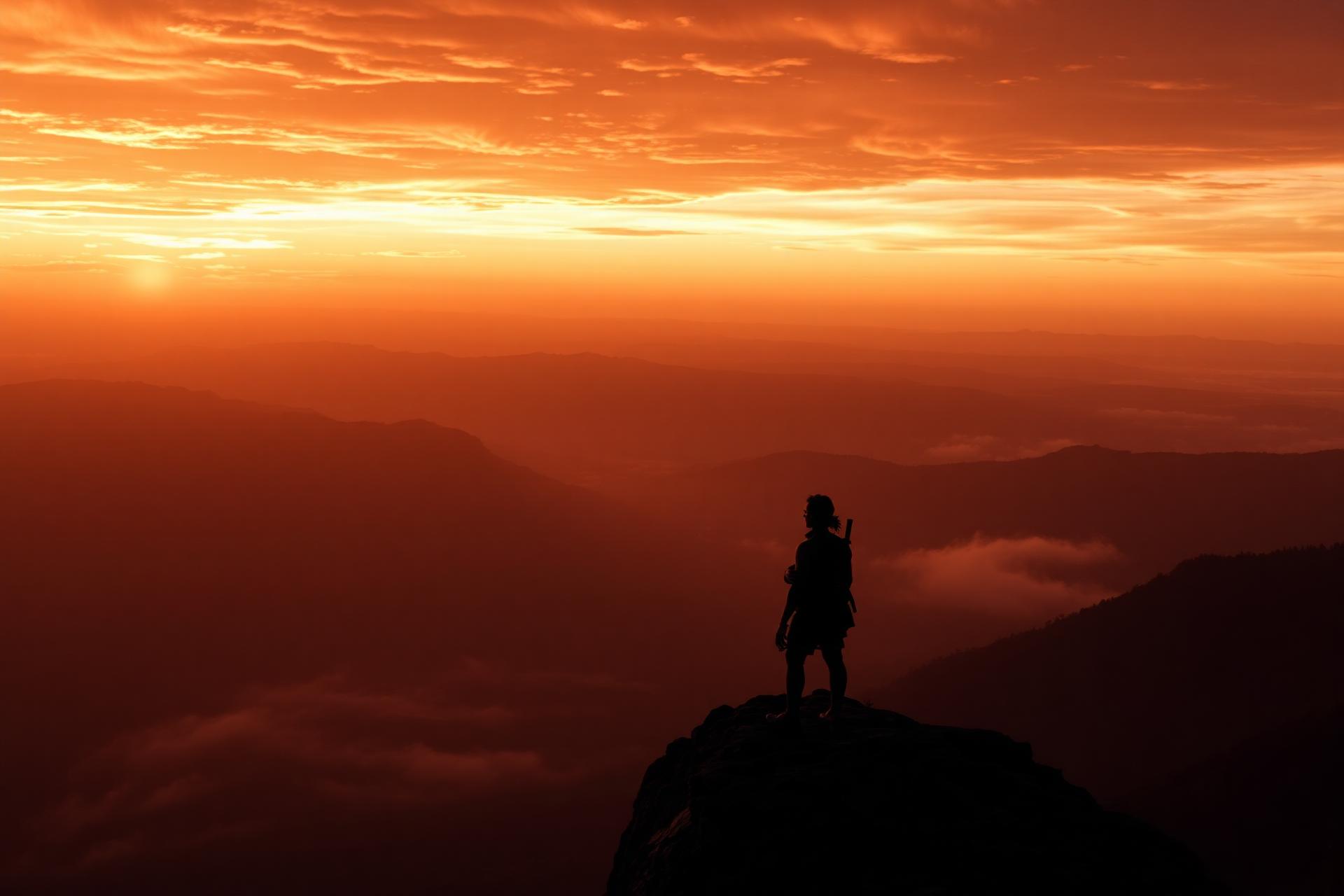 Lone warrior silhouette on a cliff at dawn